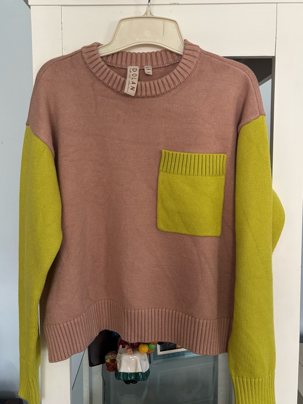 Dolan Dusty Taupe Crewneck Sweater with Lime Green Sleeves & Pocket XXS